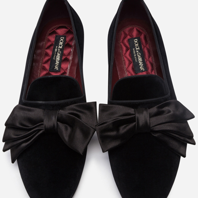 Shop Dolce & Gabbana Velvet Slippers With Satin Bow In Black