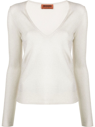 Shop Missoni Long Sleeve V-neck Sweater In Metallic