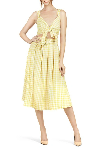 Nikki Lund Gingham Tie Front Crop Tank In Light Pastel Yellow