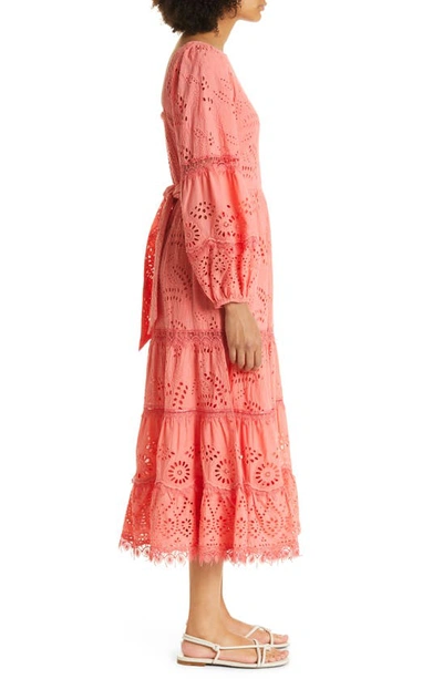 Shop Kobi Halperin Zadie Long Sleeve Cotton Eyelet Dress In Coral