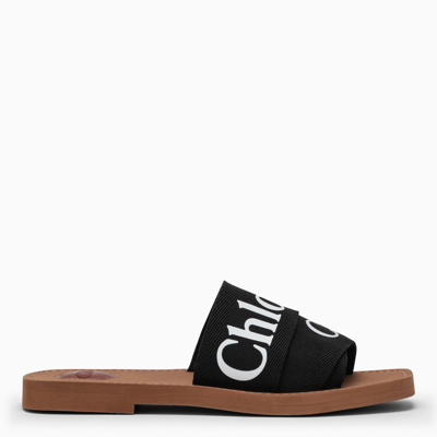 Chloé Woody Linen Flat Sandals In Black