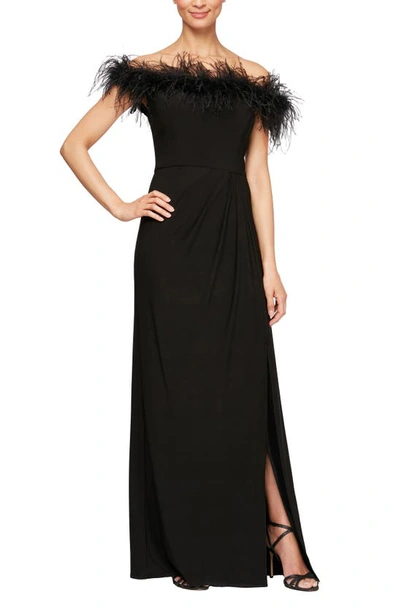 Shop Alex Evenings Feather Trimmed Off The Shoulder Gown In Black Royal