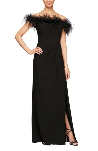 Alex Evenings Petite Off-the-shoulder Faux-feather Gown In Black Royal