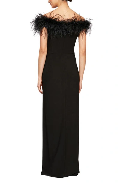 Shop Alex Evenings Feather Trimmed Off The Shoulder Gown In Black Royal