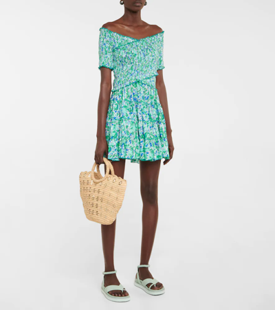 Poupette St Barth Soledad Floral Shirred Minidress In Aqua Rose
