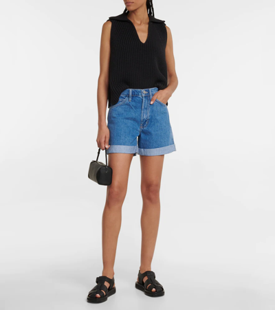 Shop Frame High-rise Cuffed Denim Shorts In Sea Level