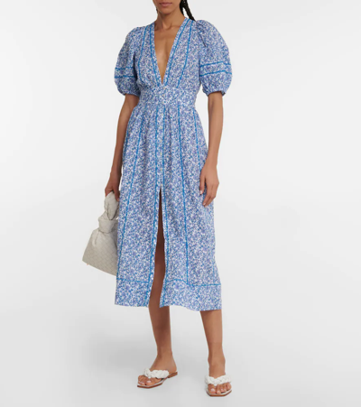 Poupette St Barth Women's Reine Floral Puff-sleeve Dress In Blue Mistral