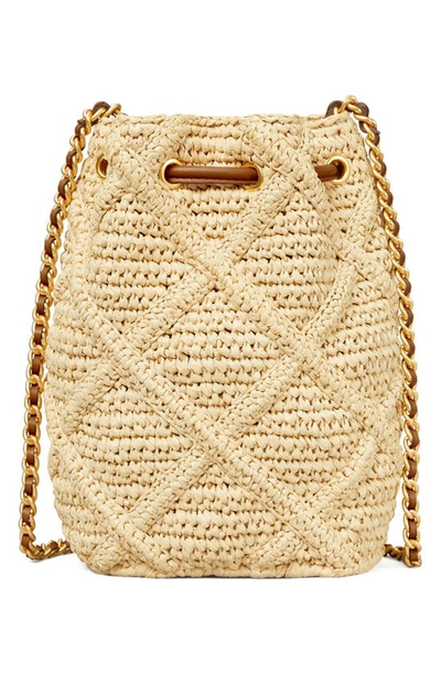 Tory Burch Fleming Soft Straw Crochet Mini Bucket Bag In Natural/rolled  Brass