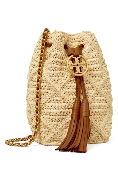 Tory Burch Fleming Soft Straw Crochet Mini Bucket Bag In Natural/rolled  Brass