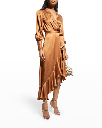 Shop Zimmermann Blouson-sleeve Silk Wrap Midi Dress In Tan