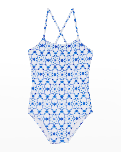 Shop Vilebrequin Girl's Ikat Medusa Crisscross One-piece Swimsuit In Wht Blanc