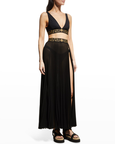 Shop Versace Greca Border Pleated Pareo Skirt In Black