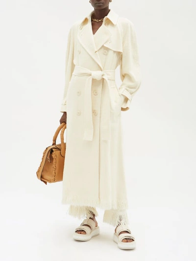 Double-breasted Fringed Silk-bouclé Trench Coat In Vanilla Ice