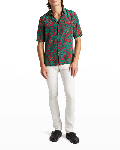 Shop Saint Laurent Men's Vintage Paisley Silk Sport Shirt In Green