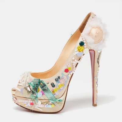 Pre-owned Christian Louboutin Beige Satin 'make Up Trash' Lady Peep-toe Pumps Size 38