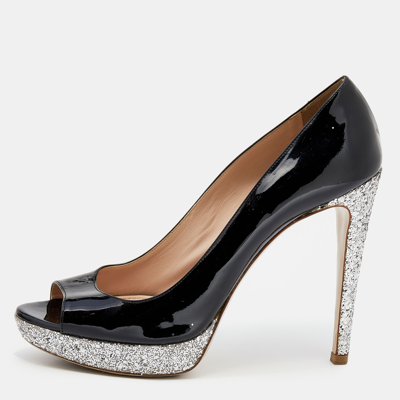 Pre-owned Miu Miu Black Patent Leather Glitter Peep Toe Platform Pumps Size 40