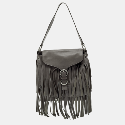 Pre-owned Saint Laurent Grey Leather Fringe Flap Drawstring Shoulder Bag