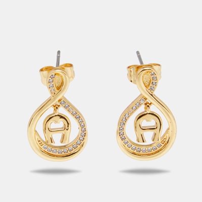 Pre-owned Aigner Gold Tone Crystal Logo Drop Earrings