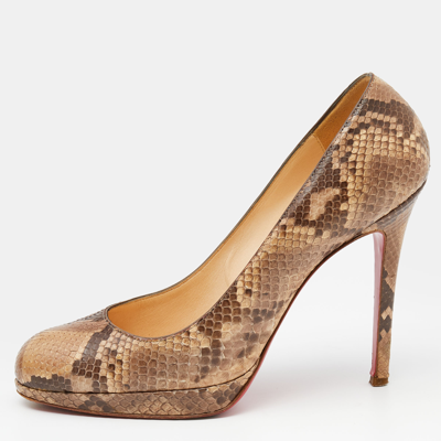 Pre-owned Christian Louboutin Brown/beige Python Leather New Simple Platform Pumps Size 38.5