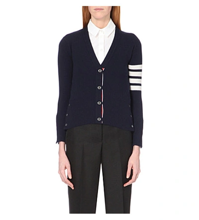 Shop Thom Browne Striped-pattern Cashmere Cardigan In Navy W/ Winter White