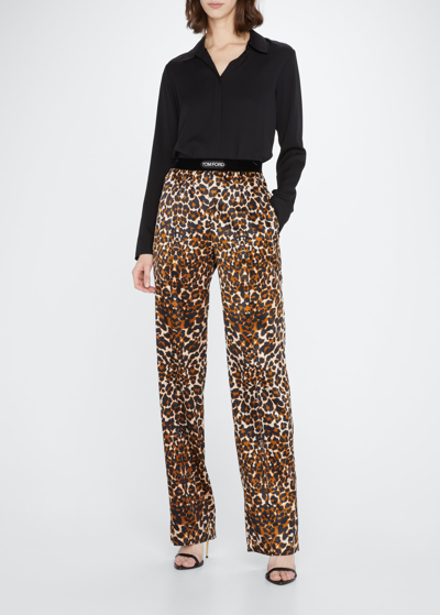 Shop Tom Ford Leopard-print Silk Pajama Pants In Black & Beige