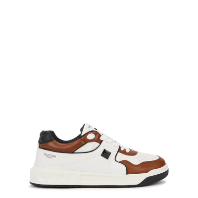 Shop Valentino Garavani One Stud White And Brown Leather Sneakers