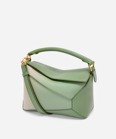 Shop Loewe X Paula's Ibiza Small Puzzle Edge Degrade Leather Shoulder Bag In Rosemary / Light Oat