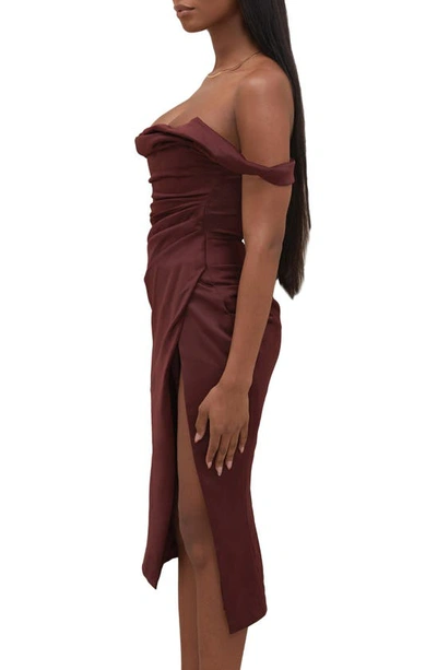 House Of Cb Rhoda Off The Shoulder Corset Midi Dress In Brown Raisin In Raisin