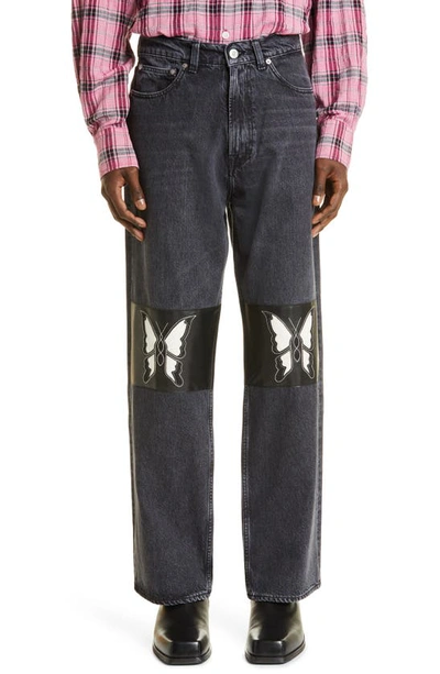 Shop Our Legacy Third Cut Schmetterling Leather Patch Straight Leg Jeans In Schmetterling Patch Denim