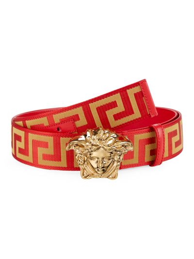 Shop Versace Men's La Medusa Leather Belt In Red Gold