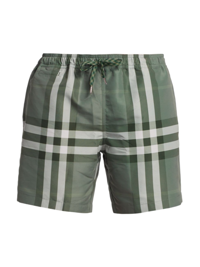 Shop Burberry Men's Martin Check Print Swim Shorts In Dusty Green Check