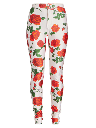 Shop Saint Laurent Women's Rose-print Skinny Pants In Craie Rougevert
