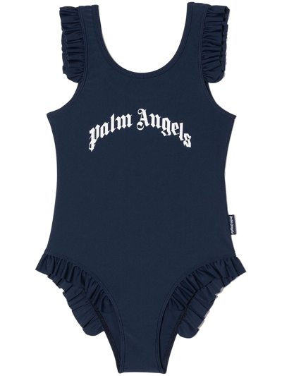 Shop Palm Angels Logo-print Ruffled Swimsuit In Blue