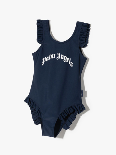 Shop Palm Angels Logo-print Ruffled Swimsuit In Blue