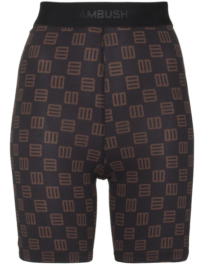 Shop Ambush Monogram-print High-waist Cycling Shorts In Black