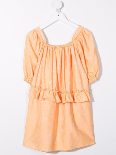 Shop Andorine Floral Puff-sleeved Dress In Orange