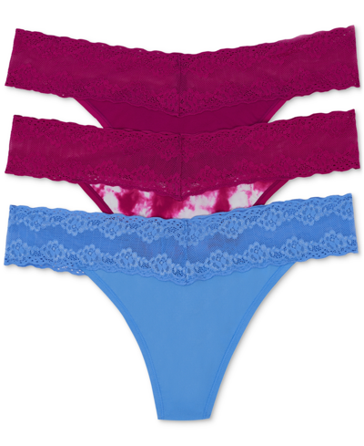 Shop Natori Bliss Perfection Lace-trim Thong, Pack Of 3 750092mp In Bright Berry/bb Tiedye/cool Blue