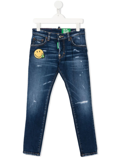 Shop Dsquared2 Teen Smiley-embroidered Skinny Jeans In Blue