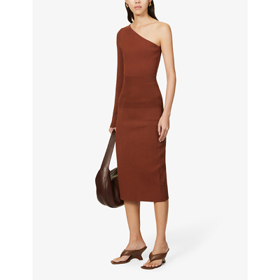 Shop Victoria Beckham One-shoulder Fitted Stretch-woven Top In Brown