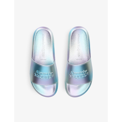 Shop Alexander Mcqueen Logo-embossed Holographic Rubber Sliders In Silver
