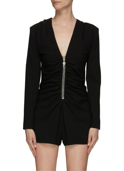 Shop Saint Laurent V-neck Ruched Zip-up Jumpsuit In Black