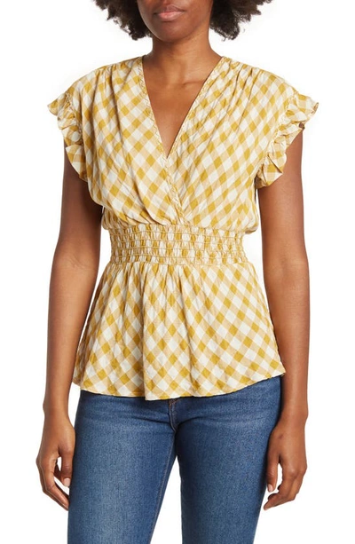 Maxstudio Gingham Smocked Waist Flutter Blouse In Citron Yellow