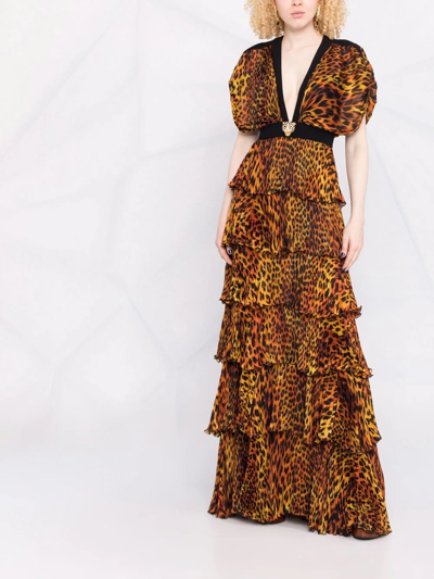 Roberto Cavalli Leopard-print Long Evening Dress In Black