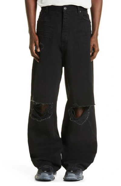 Balenciaga Destroyed Ripped Straight Leg Jeans In Rubber Black | ModeSens