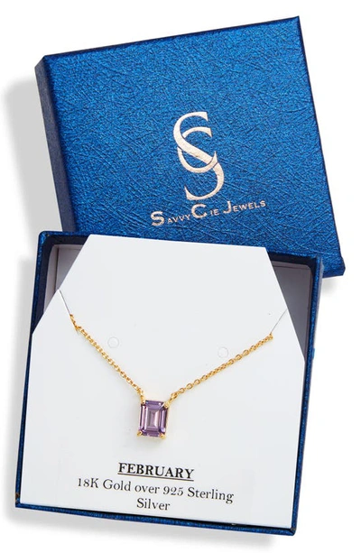 Shop Savvy Cie Jewels Vermeil Emerald Cut Cz Birth Stone Box Cut Necklace In Amethyst - February
