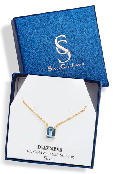 Savvy Cie Jewels Vermeil Emerald Cut Cz Birth Stone Box Cut Necklace In Blue Topaz - December