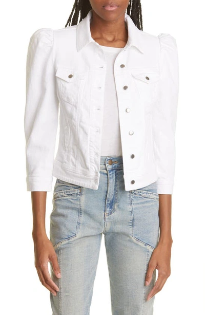 Shop Retroféte Ada Puff Sleeve Cotton Denim Trucker Jacket In White