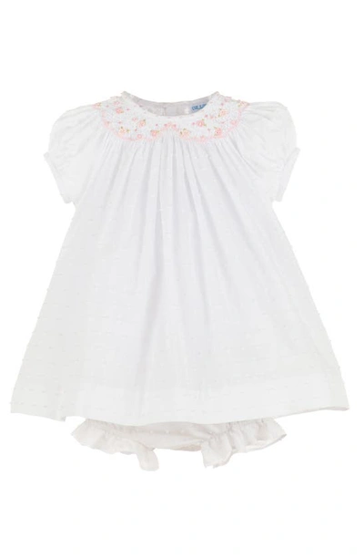 Luli & Me Swiss Dot Cotton Bishop Dress & Bonnet Set In White