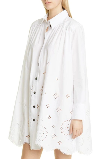 Shop Ganni Long Sleeve Organic Cotton Broderie Anglaise Shirtdress In Bright White