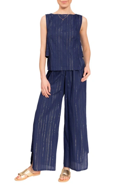 Shop Everyday Ritual Piper Metallic Stripe Cotton Pajamas In Midnight Shimmer